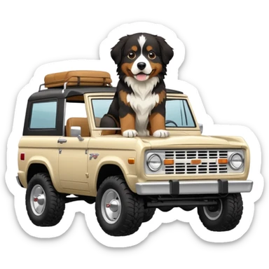 Cream colored ford bronco with no roof and Bernese mountain dog in the seat sticker
