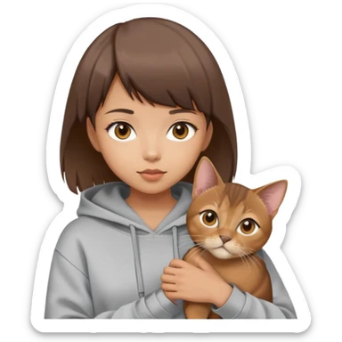 a asian girl with short brown hair and bangs holding an Abyssinian cat， wearing grey hoodie sticker