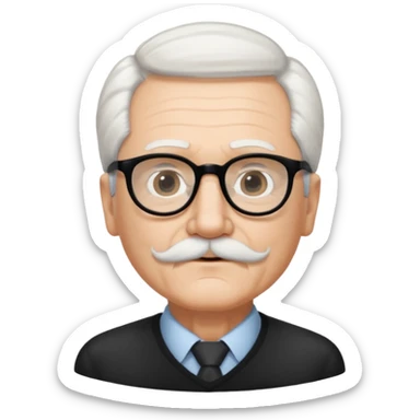 An elderly man with neatly combed white hair swept back, giving a tidy and classic look, and wears black rectangular glasses. His face is oval-shaped with  a small white mustache above his lips.d. sticker