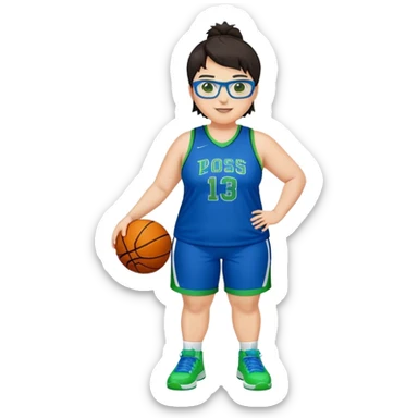Full Body plus size white female basketball player with short dark hair with highlights spike hair wearing blue glasses  wearing blue green uniform  green sneakers smiling sticker