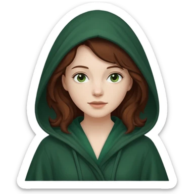 A white woman with dark auburn hair robed and hooded like she's a Traitor in the tv show The Traitors. her hair is slightly curly and the robe is a dark green sticker