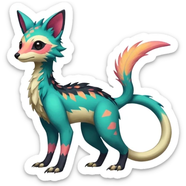 Rare realistic exotic edgy epic pretty beautiful handsome gorgeous aesthetic colorful vibrant Vernid-Trico-species-Fakemon-creature by LiLaiRa, 4 legs, 1 tail, random markings, (full body) sticker