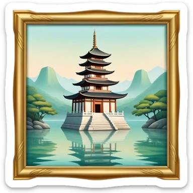 Cinematic Realistic Tran Quoc Pagoda Landmark Emoji, depicted with an ancient pagoda set on tranquil waters rendered with delicate textures and serene, reflective lighting. sticker