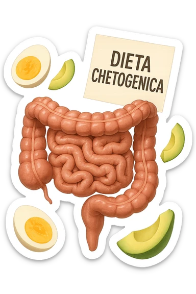 intestino umano anatomico con uova sode e avocado che gli fluttuano intorno insieme ad un foglio con la scritta "DIETA CHETOGENICA" CHE FLUTTUA IN ARIA sticker