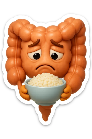 emoji stile iphone 3d di un intestino che guarda una bowl di riso che ha in mano con espressione triste, iperealistico 4k sticker