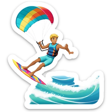 A professional kite surfer performing a high-flying trick on the waves, with a colorful kite soaring above. The background features a stunning landscape of rolling ocean waves, a bright sky, and distant mountains, emphasizing the skill and freedom of the sport. sticker