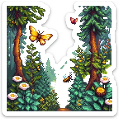 pixel art of a butterfly and bee among trees and plants, forest background sticker