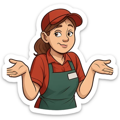 В позе этого мема сгенерируй типичную молодую российскую продавшицу в продуктовом магазине, которая недоуменно но при этом хитровато разводит руками, слегка рисованный, но при этом объемный стиль, прозрачный фон sticker