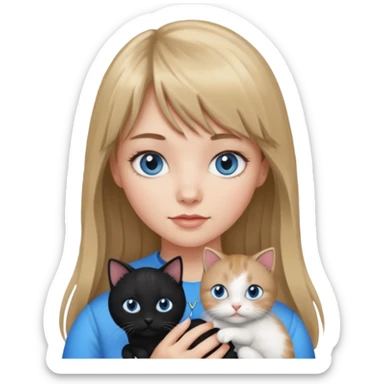 Apple-style emoji sticker of a young woman with long dark blond hair and bang, blue eyes , holding a black and white kitty sticker