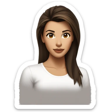 3/4 face, contrasted, shadow, light, Eva Longoria expression, relaxed, thin nose, brunette woman, hazel eyes, long eyelashes, dark shoulder shaded hair, white t-shirt sticker