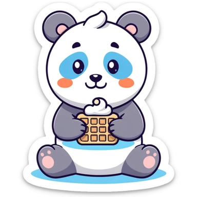 panda eating a waffle with whipped cream on its nose ant having blue eyes  sticker