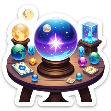a mystical icon featuring a crystal ball (fortune-telling sphere) on a table with tarot cards scattered around. Surround the scene with planets, stars, and zodiac signs. The design is vibrant, magical, and evoke a sense of mystery and spirituality, with glowing effects and a cosmic atmosphere. sticker