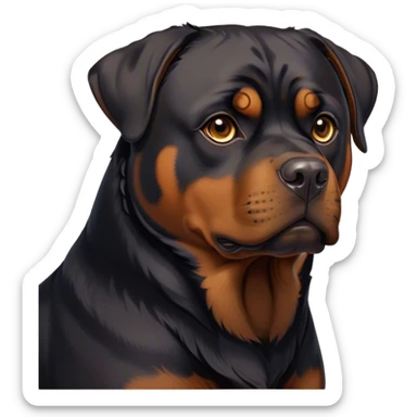 Cinematic Noble Rottweiler Portrait Emoji, Poised and regal, with a powerful, muscular build and a sleek, well-groomed coat of rich black with tan markings, deep-set soulful brown eyes, Simplified yet sharp and sophisticated features, highly detailed, glowing with a soft, dignified glow, high shine, intelligent and commanding, stylized with an air of authority, focused and attentive, soft glowing outline, capturing the essence of a watchful and fearless guardian, so majestic it feels as though it could stride out of the screen with effortless authority! sticker