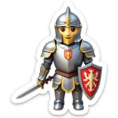 Clash of Clans aesthetic: Cinematic heroic Armored Knight Hero Emoji, rendered in a 3D vector-style similar to standard emojis with minimal shading and bold, simplified shapes. A compact, isometric warrior clad in gleaming plate armor with intricate heraldic details, softly glowing with a chivalrous medieval charm. Simplified yet unmistakably iconic, highly detailed and consistent, glowing with a soft radiant shine and high polish. Stylized with a touch of noble valor and a soft glowing outline, wearing a full face helm so that no face is visible with only eyes visible, capturing the essence of a gallant knight ready for honorable battle with a friendly, playful manner! sticker