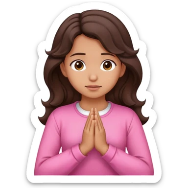 Girl with wavy dark brown hair and slight tan skin praying with a pink outfit  sticker