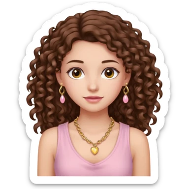 crée moi une jeune fille très belle avec les cheveux bouclés long brune avec un top  sans manche de couleur rose clair avec un peu de maquillage un collier en or sticker