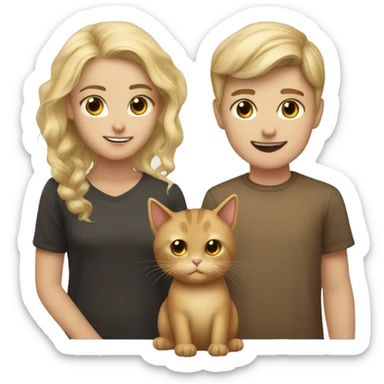 Dirty blonde boy and dirty blonde girl together with a brown cat sticker