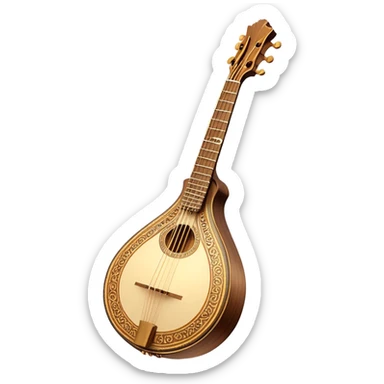Bouzouki – Cinematic Realistic Bouzouki, depicted as a beautifully crafted Greek string instrument with a long neck and ornate fretwork, its polished wooden body reflecting warm golden light, set on a rustic background with soft shadows that evoke traditional Mediterranean music. sticker