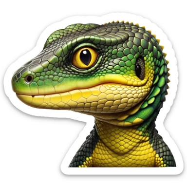 cinematic-realistic-cute-monitor-lizard-portrait-emoji,-head-tilted-playfully-and-inquisitively,-featuring-a-compact,-agile-body-with-finely-detailed,-glossy-scales-in-earthy-black and yellow-hues-and-a-distinct,-alert-face-with-bright,-curious-eyes, black , yellow spotted and green band  scales and a slender neck sticker
