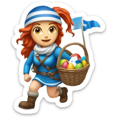 Greek Female winter mountaineer red hair white skin climbing with Greek Flag and Easter eggs basket sticker