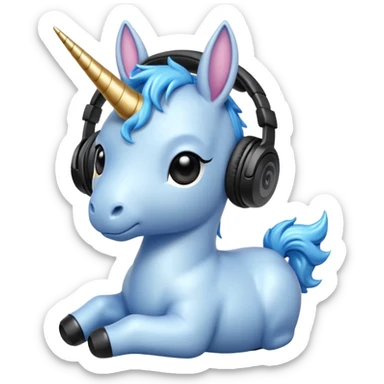 Unicornio bebé azul sentado escuchando música con auriculares negros sticker