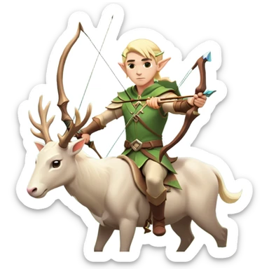 clash-of-clans-aesthetic-blond-male elf-archer-portrait-emoji, rendered in a flat, vector-style with minimal shading and bold holding his bow, simplified shapes, head tilted slightly forward with a determined, focused expression, riding a majestic white stag whose antlers glow with mystical energy, set against an ancient, enchanted forest backdrop. sticker