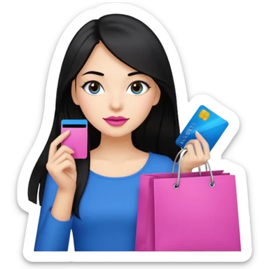 Girl with long black hair and crown, pink lipstick, brown eyes holding shopping bags and blue credit card sticker