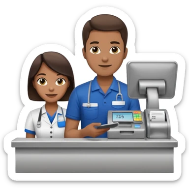 Supermarket employee at a cash register, full body, serving a man sticker