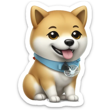 a cute shiba inu holds a miniature electric fan. sticker