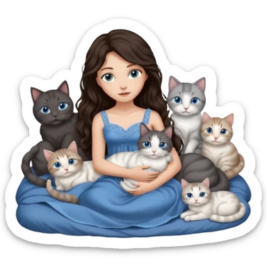 detailed realistic looking a dark grey and white cat regally laying with six other cats, cuddling with their owner in bed who is a pretty bratz lightly tanned white girl with long dark brown hair, blue eyes and gorgeous long wavy hair wearing a pretty detailed dress sticker