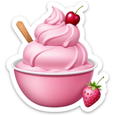 strawberry ice cream in a bowl, pink ice cream with a cherry on top sticker