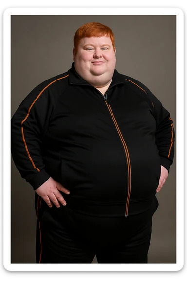 Extremely fat man with orange hair wearing black tracksuit with orange lines sticker