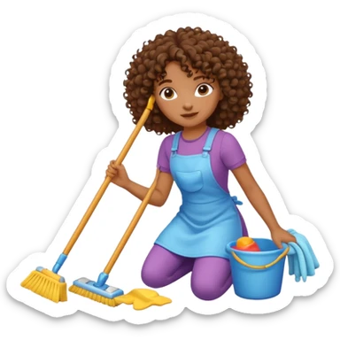 brown girl with curly hair cleaning toys from the floor sticker