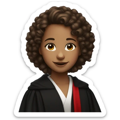 a young girl with curly brown hair, brown eyes, bigger front teeth, shes light skinned and dressed in a black robes with red tie sticker