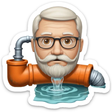 50 year old bearded and moustached white male wearing glasses. His mouth has been cast into a frame made of concrete and out of his mouth is flowing sewer water connected to a drain pipe. He is proud and thinks his right, while being slightly angry because the joke is on him. sticker