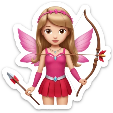 Hada sexy cupido pequeña  de cabello largo lacio castaño claro con flequillo y ojos cafés  vestida de top y falda roja y con arco y flechas cabello lacio labios rosas tipo Barbie pero en hada cupido sticker