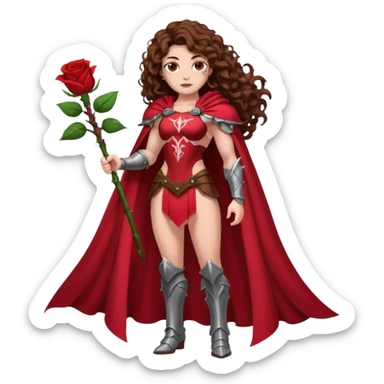 full body woman long curly brown hair brown eyes white skin tattoos muscular build rose thorn armor and petal cape sticker