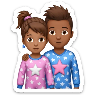 4 year old brown spikey haired boy with blue pajamas with stars on them and a 1 year old brown haired pony tail girl with pink pajamas, and stars on them sticker