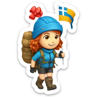 Female winter mountain climber red hair climbing, Greek flag on backpack and holding Easter eggs basket sticker