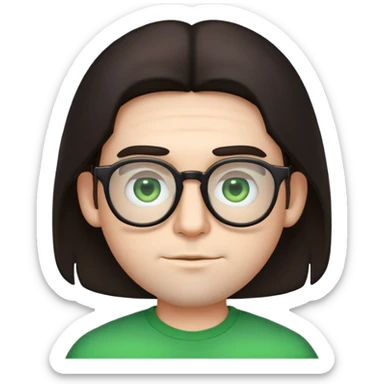 young male emoji with wide face, fuller lips, very poofy voluminous dark straight hair (not curly), big ears, pale skin, glasses, green eyes set wider apart, very light stubble sticker