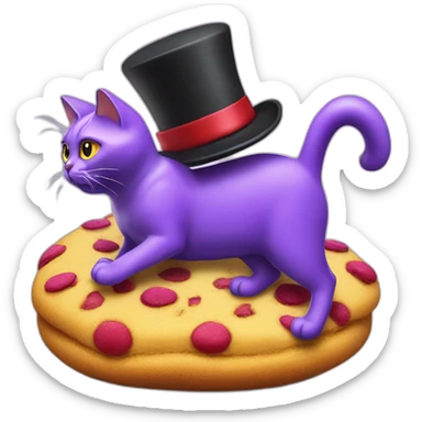 Cat with a top hat riding a purple cat riding a red cat riding a yellow cat riding a giant cookie sticker