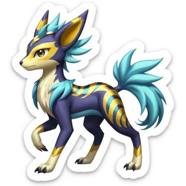 Shiny colorful exotic Feral Scaly Striking Slaying Badass Evil Handsome Lightning-patterned Zig-zagged buzzy fuzzy Meloetta-Renamon-Luxray-Cobalion-Suicune-Vernid-fusion-hybrid-creature, full body  sticker