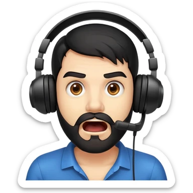 Very shocked man with wide eyes, open mouth, black hair, brown eyes, black beard wearing a gaming headset sticker