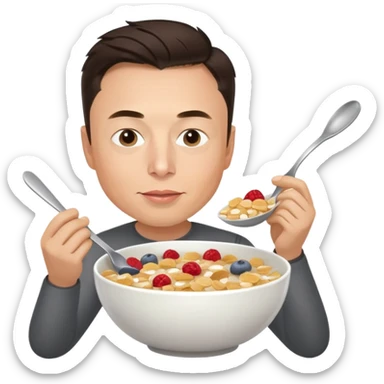 Elon Musk eating a bowl of cereal, man with short dark hair eating cereal from a bowl with a spoon sticker