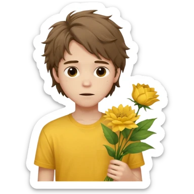 generate an ios genmoji of a 20 year old fair boy with brown long and messy hair with faint upper lip hair - visible (brown). should look like he cant grow a mustache., carrying a flower bouquet, wearing a yellow tshirt, looking shy sticker