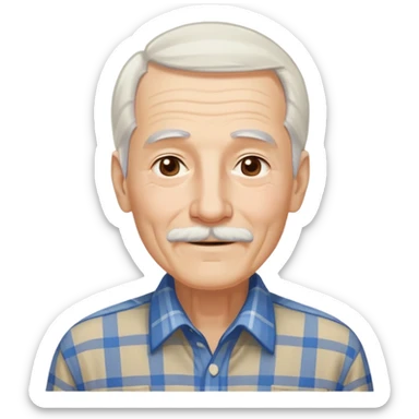 Elderly thin man with light skin. Elongated face with kind smile. Long straight white hair reaching down to chest, with some bangs. Light brown eyes. Thin eyebrows. White goatee and mustache. Very slim build. Wearing a blue and beige plaid shirt. sticker