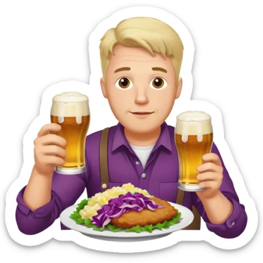 German man eating schnitzel, potato salad, red cabbage, sauerkraut, and beer sticker