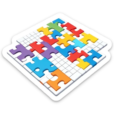A photorealistic icon with a colorful, fragmented puzzle piece, a crossword magazine, a 3D puzzle, and a partially completed puzzle on a table. Bright, detailed design with realistic lighting. Transparent background, clearly symbolizing puzzles and brain games. sticker