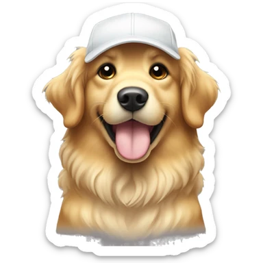 Create an image of a Golden Retriever with a fluffy coat that is slightly golden, almost cream. With round, dark eyes, a broad nose and slightly wavy hanging ears. She wears a white baseball cap towards the back. sticker