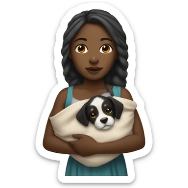 black girl with long hair wrapped in a banket with a puppy in her arms sticker
